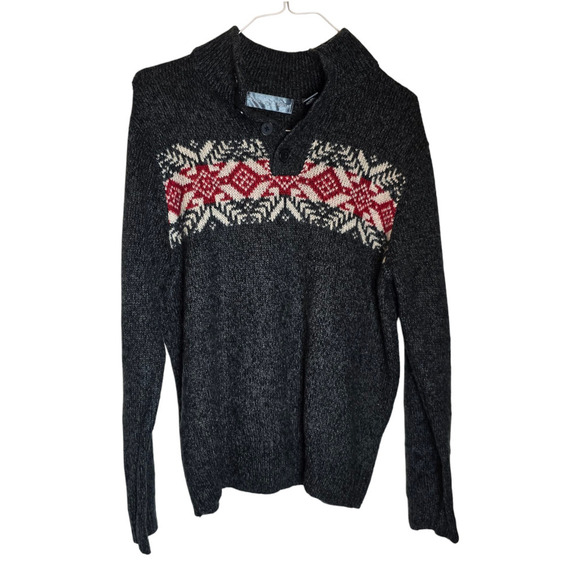 Oscar De La Renta Men's Pullover Sweater Sz XL Gray fair isle 3/4 button up - Picture 1 of 6